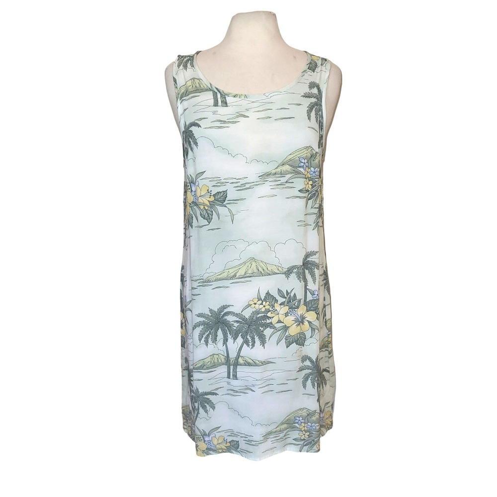 Tommy Bahama Tropical Palm Tree Hibiscus Rayon Shift Dress White Green L - Picture 2 of 8